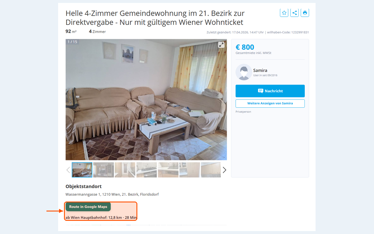 Detailseite auf willhaben.at mit Route und Distanz